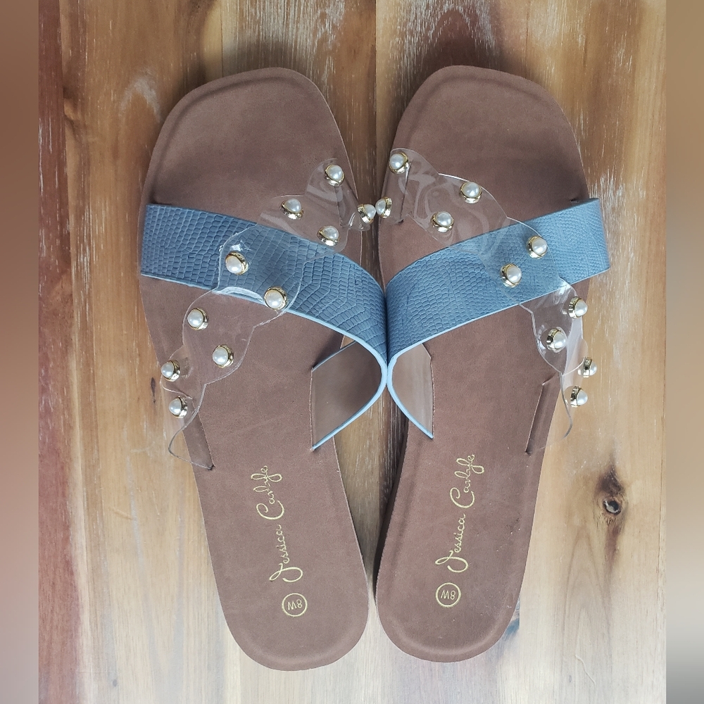 Slip on Sandals Embossed Blue Leather Pearl Strap Blue Women's Sandal Slides